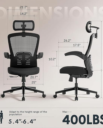 FLEXISPOT OC3-Pro Cloud Ergonomic Office Chair for Big and Tall Black, High Back Office Chair with Flip-up Arm/8-Level Lumbar Support, Foam Seat Cushion, Chairs for Home Office Studying Gaming, Black