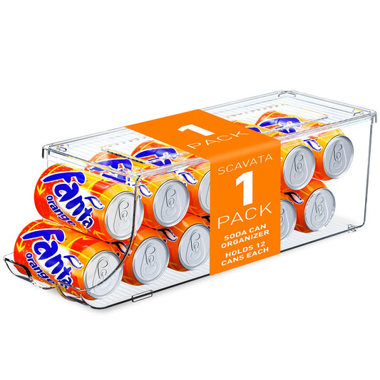 SCAVATA Soda Can Organizer for Refrigerator, Stackable Canned Food Pop Cans Container Can Holder Dispenser with Lid for Fridge Rack Freezer, Clear Storage Bins-Holds 12 Cans Each (One)