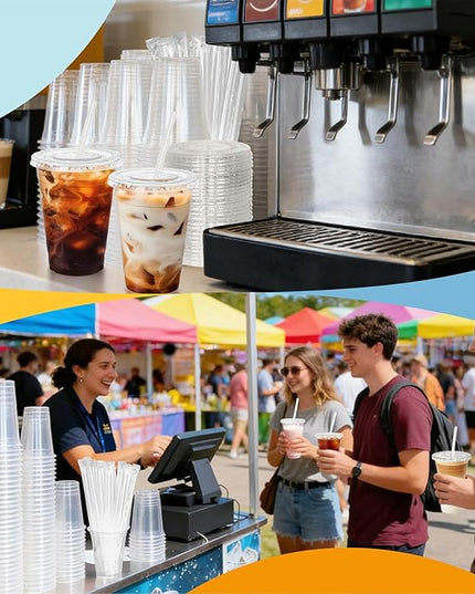 Coolcap 16 oz 100 Pack Disposable Clear Plastic Cups with Lids and Straws, Food Safe Bulk Iced Coffee Cups for Smoothies, Milkshakes and Other Cold Drinks