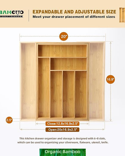 Expandable Bamboo Drawer Organizer – Large 20"x16.9" Size with Adjustable Dividers – for Kitchen Utensils, Knives, Cutlery, Flatware & Silverware Storage Tray