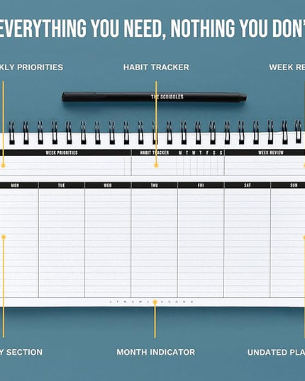 Undated Weekly Planner 2026 | Daily Agenda To Do List Notepad Day Planner Notebook | Monthly School Task, Work Schedule Planners | Yearly Horizontal Calendar Spiral Desk Organizer | Habit Tracker