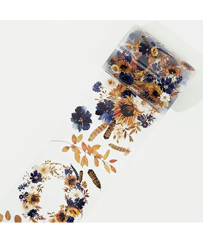 WT PET Tape, Floral Sunflower & Navy Design, Wide Decorative Craft Tape, Single Roll, Clear Transparent Tape for Bujo Planner & DIY Scrapbooking Supplies