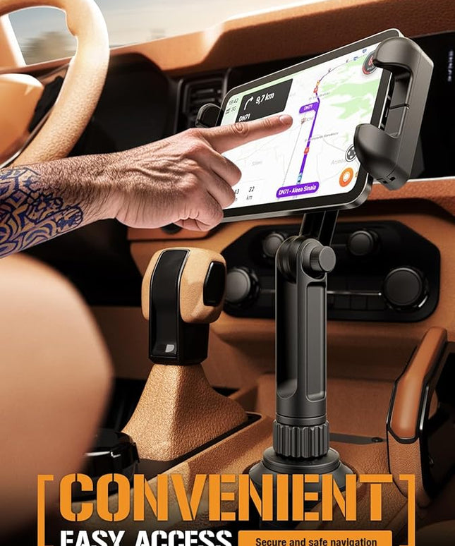 ToughTested Boom Cup Holder Tablet Mount – Heavy-Duty iPad & GPS Car Mount for Cup Holder – 360° Rotating Arm, Fits Tablets Up to 13", Anti-Vibration, Universal for Trucks, SUVs, Vans & Cars