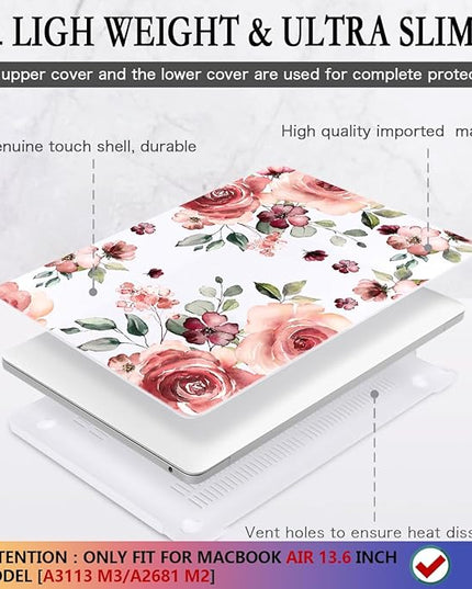 CISSOOK for MacBook Air 13.6 inch Case 2025 2024 2022 Release A3240 A3113 A2681, Matte Hard Shell Case Flower Cover with Keyboard Cover + USB Adapter for MacBook Air 13.6 M2 M3 M4 with Touch ID