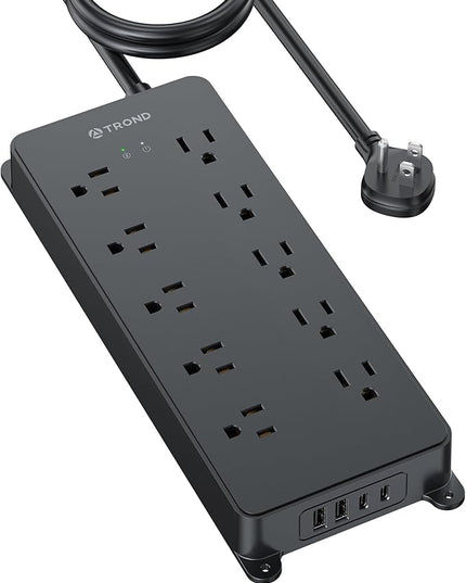 TROND Surge Protector Power Strip 10ft, 4000J, ETL Listed, 10 Widely Spaced Outlets, 2 USB A & 2 USB C Ports, Flat Plug Long Extension Cord, Wall Mountable, for Home Office Entertainment, Black