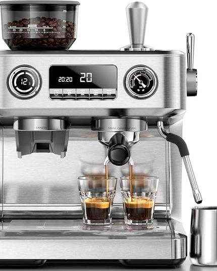 Kismile Dual Boiler Espresso Machine with Grinder, 20 Bar Espresso Maker with Milk Steamer & Hot Water, Dual LED Display, Pressure Gauge, Burr Grinder, coffee Machine for Home&Office, Stainless Steel
