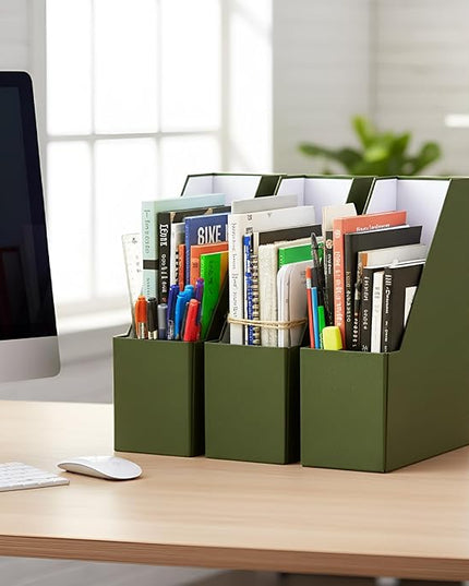Gueevin Set of 6 Magazine File Holder Stylish Sturdy Cardboard File Boxes Desk Magazine Organizer Rack with Gold Label Holder to Organize Your Desk or Shelves for Home Classroom Office Library(Green)