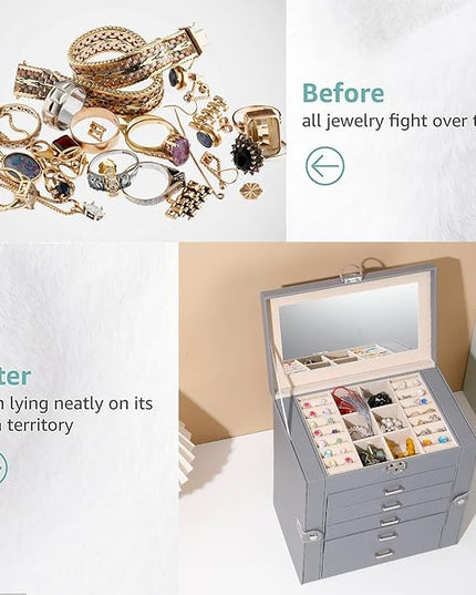 BOOVO Jewelry Box For women, 6 Layer Large Jewelry Organizer With Mirror, Multi-Function Storage Box With Lock, Accessory Holder With 5 Drawers, For Earrings Necklace Ring Bracelet (Gray)
