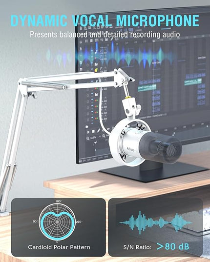 FIFINE Dynamic Microphone with Boom Arm, Studio Vocal XLR Microphone, Podcast USB Mic Kit for PC with Mute Button, Volume Knob, Headphone Jack, for Streaming Recording-AmpliTank K688CT White