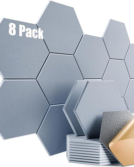 8 Pack Self-Adhesive Acoustic Panels 12" X 10" X 0.4" - Sound Proof Foam Panels for Wall with High Density, Hexagon Design, Flame Resistant, Absorb Noise and Eliminate Echoes(Smoke Gray)
