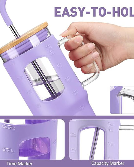 32 oz Glass Tumbler with Straw and Lid, Glass Water Bottles with Time Marker, Silicone Protective Sleeve - Purple