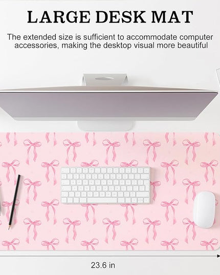 Pink Bows Mouse Pads Coquette Kawaii Mouse Pad 23.62 x 13.78 Inches Preppy Trendy Computer Desk Mat for Laptop with Non-Slip Rubber Base Mat Office Accessories Decor for Women