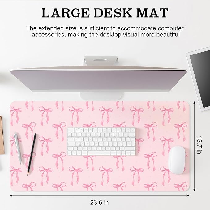 Pink Bows Mouse Pads Coquette Kawaii Mouse Pad 23.62 x 13.78 Inches Preppy Trendy Computer Desk Mat for Laptop with Non-Slip Rubber Base Mat Office Accessories Decor for Women