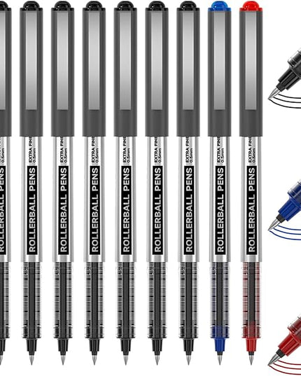 Shuttle Art Rollerball Pens, 10 Pack(8 black 1 blue 1 red) Liquid Ink Pens, 0.5mm Extra Fine Point, Quick Drying for Writing Journaling Taking Notes School Office