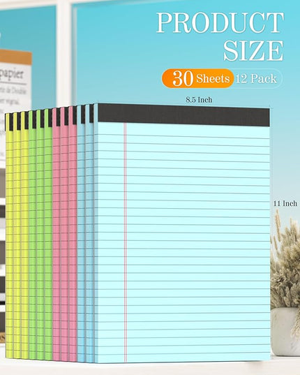 Zaviko Legal Pads 8.5 x 11 Colored Note Pads, 12 Pack Colored Paper Pads 8.5x11 Lined Paper, Pads of Paper Writing Pads, Wide Ruled Notebook Pad 8 1/2 x 11, Legal Notepads 8.5 x 11, 30 Sheets/Pad