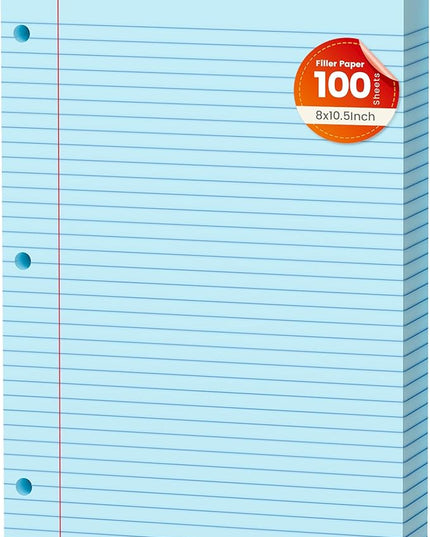 Blue Loose Leaf Paper 100 Sheets Colored Filler Paper 8 * 10.5 College Ruled 3-Hole Punched Paper for 3-Ring Binders Notebook Lined 8" x 10.5"