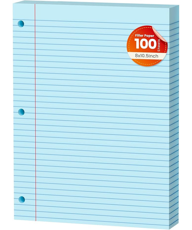 Blue Loose Leaf Paper 100 Sheets Colored Filler Paper 8 * 10.5 College Ruled 3-Hole Punched Paper for 3-Ring Binders Notebook Lined 8" x 10.5"
