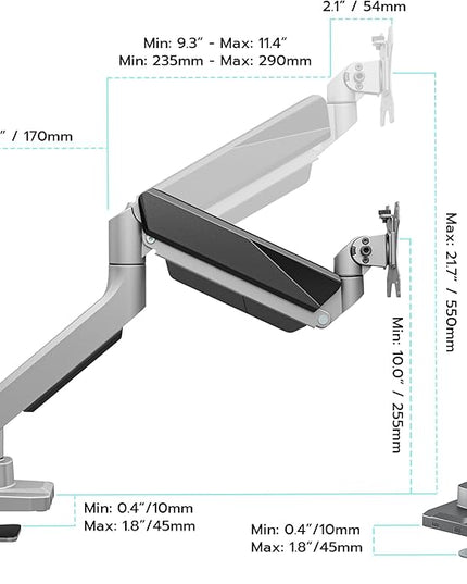 ARES WING Ultrawide Monitor Arm, Heavy Duty Single Monitor Mount for 13"-49" Curved Screens, Adjustable Stand for Desk with C-clamp & Grommet Base up to 40 LBS, Gray