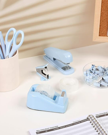 SKYDUE Blue Office Desk Accessories, Blue Office Supplies, Stapler, Tape Dispenser, Scissors, Clips and 1000pcs Staples,Desk Supplies for Women