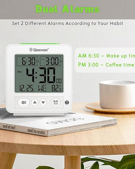 Geevon Smart Night Light Small Digital Alarm Clock with 2 Increasing Beep Alarm, Indoor Temperature, Battery Operated Travel Clock for Bedroom, Bedside, Desk(White)
