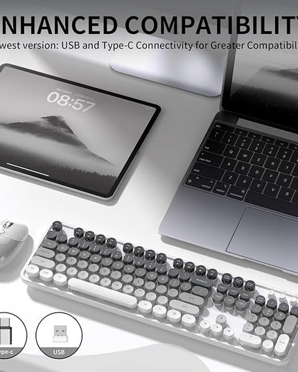 Creamy Wireless Keyboard and Mouse, MOFII 104 Round Keycaps Retro Typewriter with OTG & Brush, Full-Size Ergonomic, Ideal for Windows PC, Home, Office and College Gray White