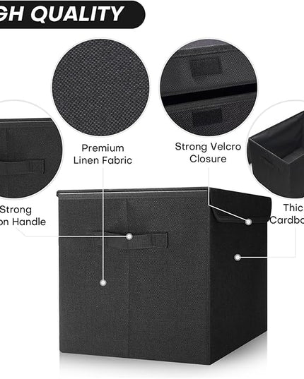 Large 22 Quart Linen Fabric Foldable Storage Bin Cube Organizer Basket with Flip-Top Lid & Handles, Clothes Blanket Box for Home, Office, Closet, Black, 4 Pack 14.6 x 9.5 x 9.5”