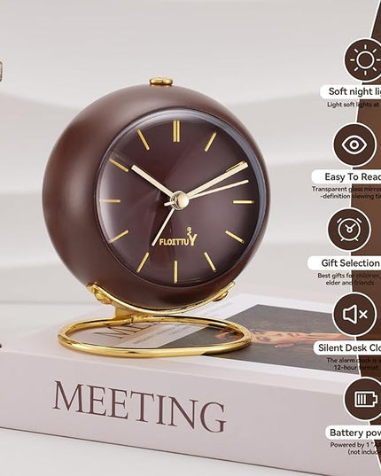FLOITTUY Silent Table Analog Alarm Clock No Ticking, Lighted on Demand and Battery Operated, Beep Sounds, Small Desk Clock(Cocoa Brown)