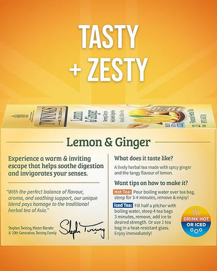 Twinings Lemon & Ginger Herbal Tea Individually Wrapped Bags, 20 Count (Pack of 6), Tangy Lemon, Spicy Ginger, Naturally Caffeine-Free, Enjoy Hot or Iced, 120 Teabags