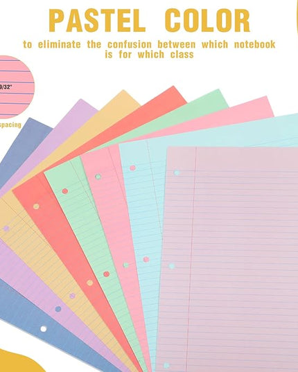 PerKoop 400 Sheets Colored Loose Leaf Paper 8.5" x 11" college ruled Lined 3 Hole Punched notebook Filler Paper for 3 Ring Binders Office School Supplies (Candy Colors)