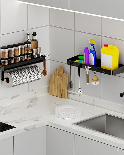 YIGII Heavy Duty Garage Paper Towel Holder with 2 Storage Shelves, Wall Mount Paper Towel Rack with Phone Holder & Hooks, Shop and Tool Room Organizer for Storage