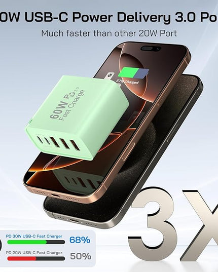2Pack USB C Fast Charger Block, 60W 5-Port USB C Wall Charger 30W Type C Charging Block, 2USB C+3USB A PPS/PD 3.0 Multiport Charging Cube for iPhone 17 16 15 14 Pro Max,for Galaxy S25 S24 Ultra, i Pad