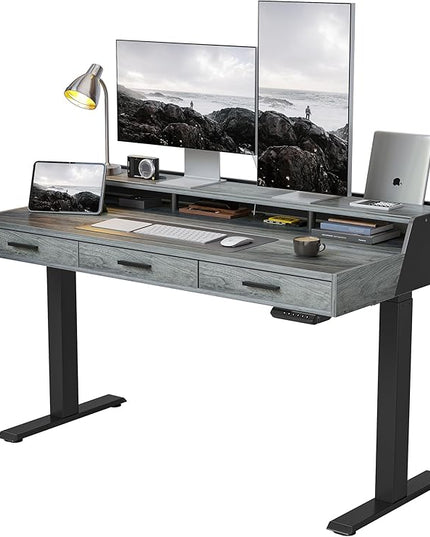 FEZIBO Electric Standing Desk Adjustable Height with Drawers, 55 x 26 Inches Stand Up Desk with Monitor Shelf and Storage, Rustic Grey