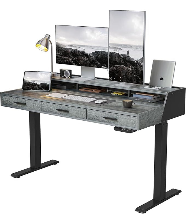 FEZIBO Electric Standing Desk Adjustable Height with Drawers, 55 x 26 Inches Stand Up Desk with Monitor Shelf and Storage, Rustic Grey