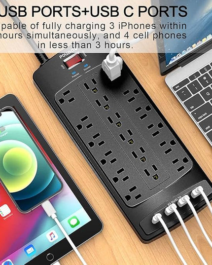 18 Outlets Surge Protector Power Strip - 20 Feet Flat Plug Heavy Duty Extension Cord with 18 Widely Outlets and 4 USB Ports, 2100 Joules, Black, ETL Listed