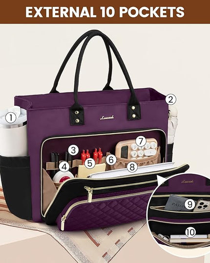 LOVEVOOK Teacher Tote Bag for Women Work, Laptop Bag Work Tote Bag Nurse Bags With Large Cup Holder, Professional Computer Briefcase Business Large Purses Handbag, Diaper Bag Mother Gift, Black-Purple