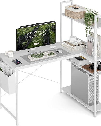 Grandder 47 Inch L Shaped Computer Desk with Reversible Storage Shelves, Home Office Corner Desk Study Writing Table with Hutch, Study, White