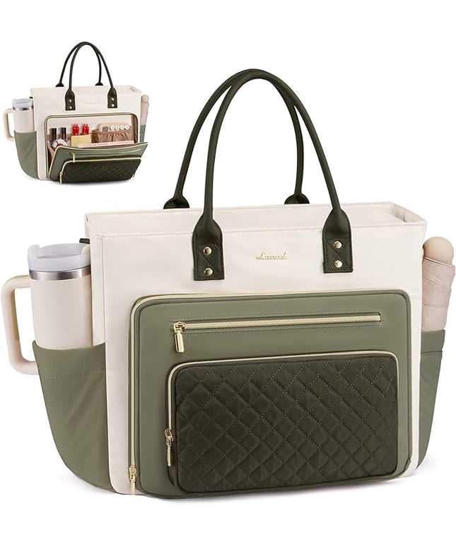 LOVEVOOK Teacher Tote Bag for Women Work, Laptop Bag With Large Cup Holder, Nurse Bags Professional Briefcase Business Computer Purses Handbag Gifts,Light Green-Beige-Olive Green,15.6 Inch