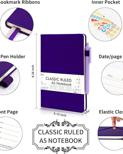 feela 24 Pack Journal Notebook Bulk for Work, Business Notebook Hardcover Lined Writing Journal with Pen Holder for Men Women Note Taking, with 24 Black Pens, 120 GSM, 5.1”x8.3”, A5, Purple