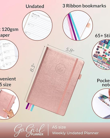 GoGirl Planner and Organizer for Women – A5 Size Weekly Planner, Goals Journal & Agenda to Improve Time Management, Productivity & Live Happier. Undated – Start Anytime, Lasts 1 Year – Rose Gold