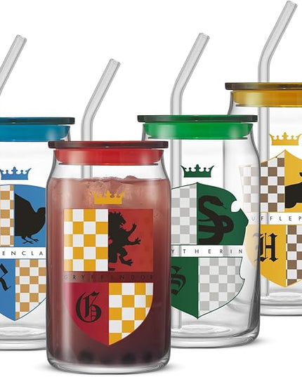 JoyJolt Harry Potter House Crests Glass Tumblers with Lids and Straws, 16oz Glass Cups with Lids and Straws, Can Shaped Drinking Glasses Set of 4, Hogwarts Cup, Harry Potter Merchandise