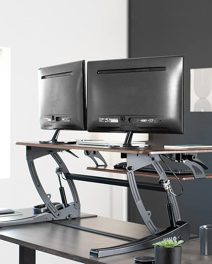 VIVO 36 inch Height Adjustable Stand Up Desk Converter, V Series, Quick Sit to Stand Tabletop Dual Monitor Riser Workstation, Dark Walnut Top, Black Frame, DESK-V000VD