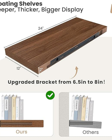 Heimlove 24 x 12 Inch Deep Floating Shelves Wall Mounted with Invisible Brackets,Storage Hanging Shelf for Wall Decor in Bathroom, Bedroom, Toilet, Kitchen, Living Room, Office Set of 2 (Walnut)