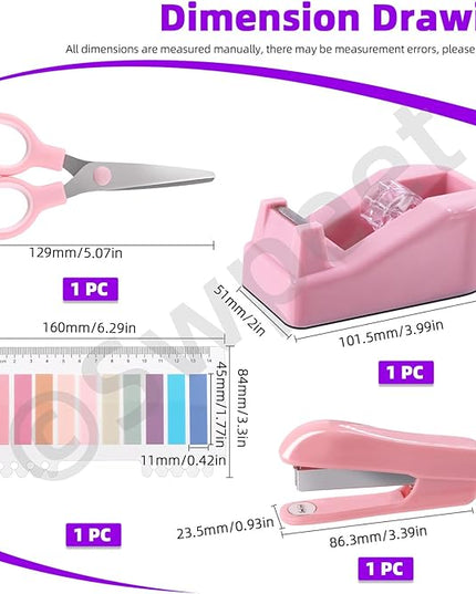 Swpeet 9Pcs Pink Office Supplies Kit, Desk Accessories Including Stapler, Tape Dispenser, Staple Remover, Tabs, Scissors, Staples, Tape, Clips and Sticky Note Ideal for Office and School