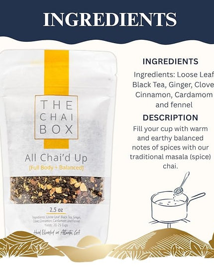 The Chai Box Loose Leaf 100% Organic Black Tea - Featured in Oprah's Favorite Things | Caffeinated Black Tea with Ginger, Cinnamon, Clove, Fennel & Cardamom (Pack of 1) 2.5 oz | Makes 25 Cups | Small Batch Loose Leaf Tea with Whole, Premium Spices