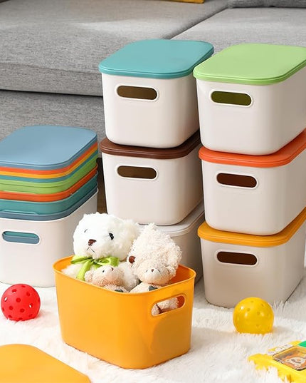 Thyle 12 Pack 7 Quarts Plastic Storage Bins for Christmas Storage with Lids Handles Colorful Stackable Desktop Box Bins with Label for Shelf Drawer,10 x 7 x 6 Inch (Stylish Color)
