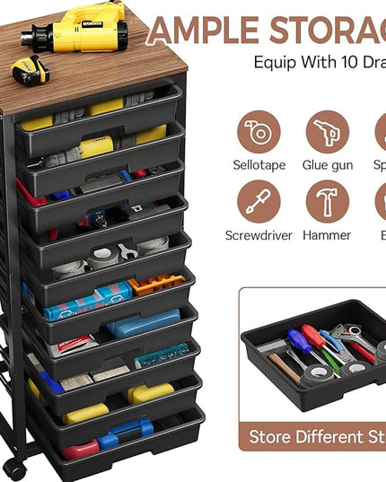 Rolling Cart with Drawers,10 Drawer Rolling Cart,Rolling storage cart with drawers,Black Rolling Drawer Cart,Teacher Rolling Cart for Classroom Storage,Craft Cart with Wooden Tabletop