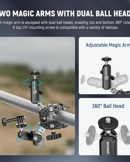 NEEWER Heavy Duty Super Clamp with Two 360° Dual Ball Head Magic Arms, 1/4" 3/8" Screw Threads, Phone & Action Camera Mount Adapter for Flat/Round Surface Compatible with GoPro DJI Insta360 DSLR