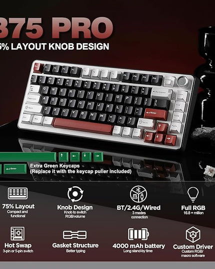 YUNZII B75 PRO Wireless Mechanical Keyboard,75% Layout with Knob,Hot Swap Gasket Custom Structure,Creamy Pre-lubed Switches,RGB Backlit,Bluetooth/Type-C/2.4G for Win/Mac(Milk Switch,Black)