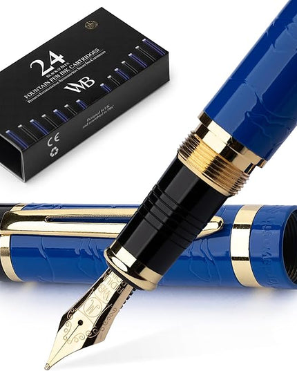 Wordsworth & Black Primori Fountain Pen Set - Blue Gold, Medium Nib, Gift Case, 24 Ink Cartridges, Refill Converter, Manual, Smooth Writing, Left & Right Handed