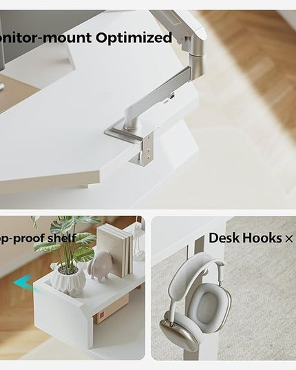 Agilestic L Shaped Standing Desk, Adjustable Height Corner Gaming Desk with Shelf, Sit Stand Up Desk, 63 x 55 Inch Home Office Computer Table, White